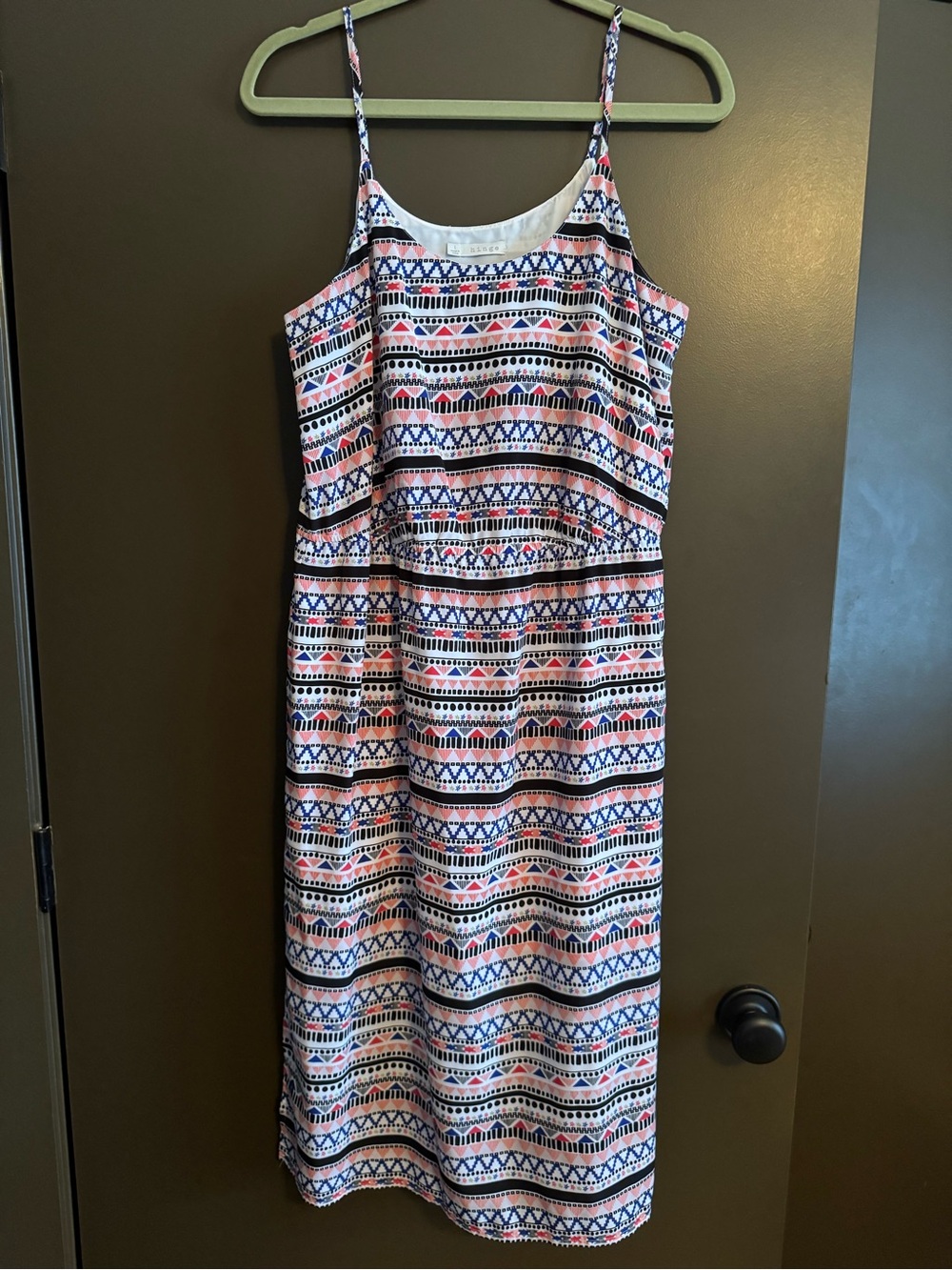 Hinge Sleeveless Pink & Navy Patterned Midi Dress
